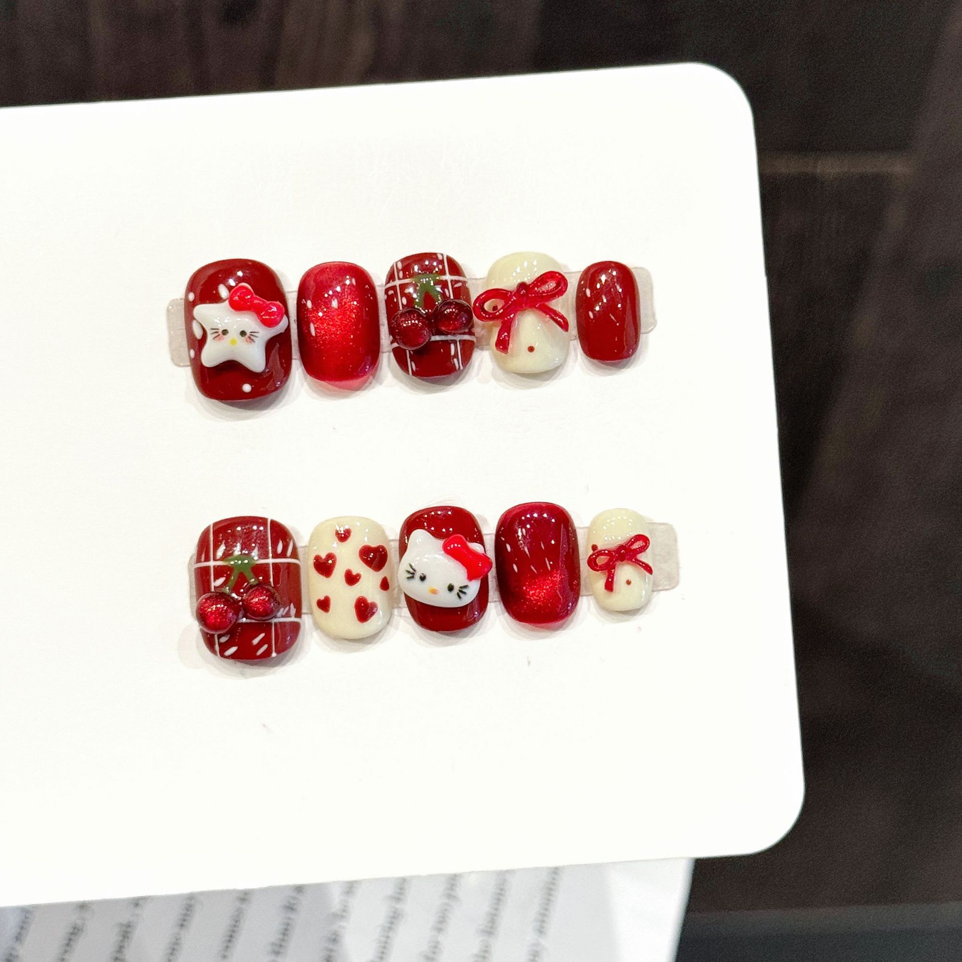 10PCS Handmade Nail Art Red Wh - Nail Art Press On ulasan dan harga